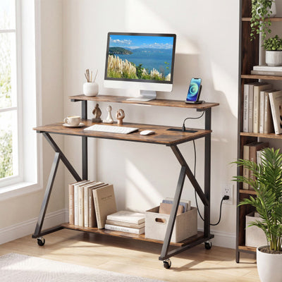 Rolling Computer Desk with Charging Station and Monitor Shelf Storage for Home Office-Rustic Brown