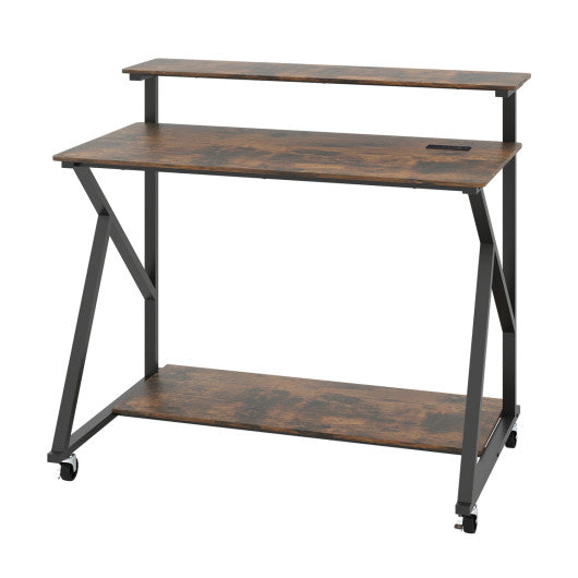 Rolling Computer Desk with Charging Station and Monitor Shelf Storage for Home Office-Rustic Brown