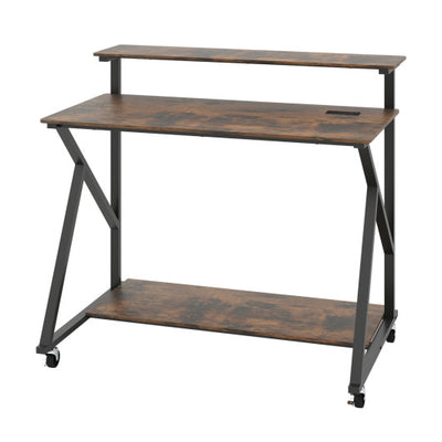 Rolling Computer Desk with Charging Station and Monitor Shelf Storage for Home Office-Rustic Brown