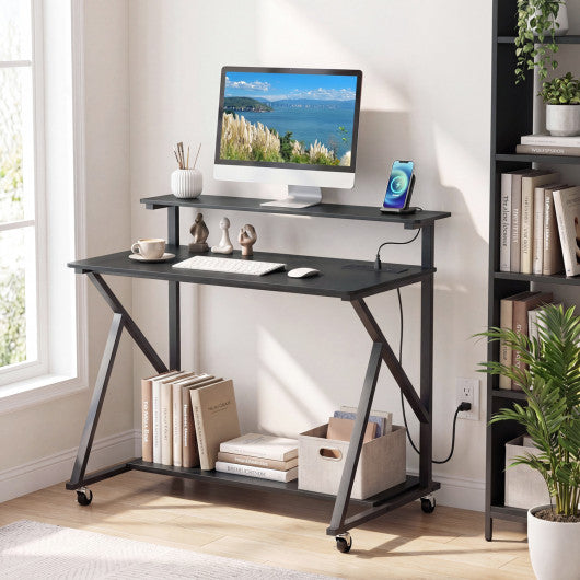 Rolling Computer Desk with Charging Station and Monitor Shelf Storage for Home Office-Black
