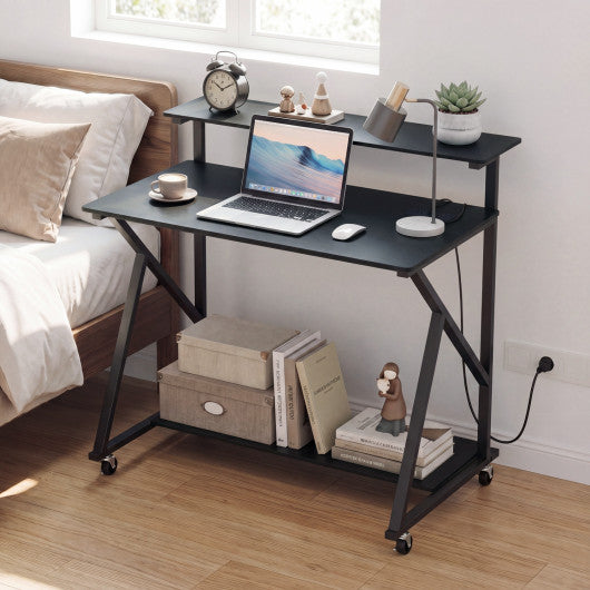 Rolling Computer Desk with Charging Station and Monitor Shelf Storage for Home Office-Black