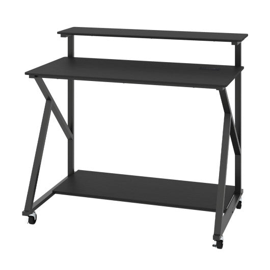Rolling Computer Desk with Charging Station and Monitor Shelf Storage for Home Office-Black
