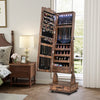 Rolling Floor Standing Mirrored Jewelry Armoire with Lock and Drawers-Rustic Brown