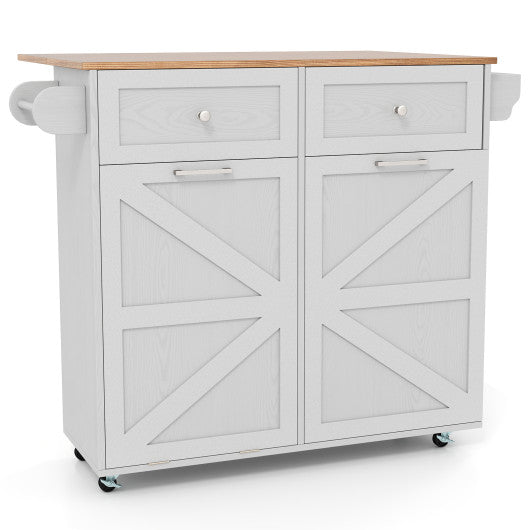 Rolling Kitchen Island with Trash Can Cabinet and Rubber Universal Wheels-Grey