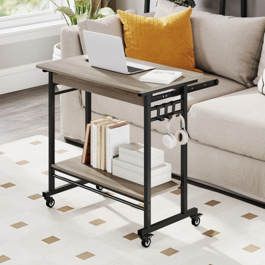 Rolling Laptop Table with Pull-out Keyboard Tray and Hooks-Grey
