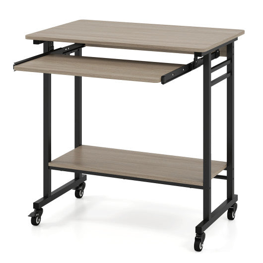 Rolling Laptop Table with Pull-out Keyboard Tray and Hooks-Grey