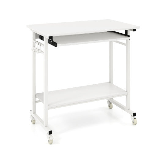 Rolling Laptop Table with Pull-out Keyboard Tray and Hooks-White
