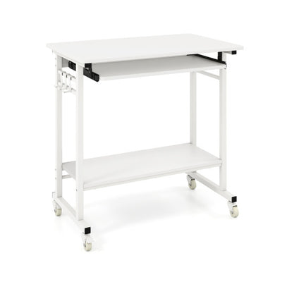 Rolling Laptop Table with Pull-out Keyboard Tray and Hooks-White