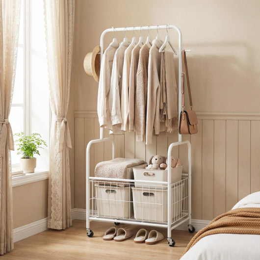 Rolling Metal Clothes Rack with Hanging Rod and Storage Basket-White