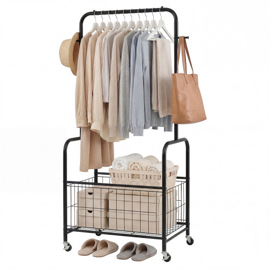 Rolling Metal Clothes Rack with Hanging Rod and Storage Basket-Black