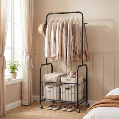Rolling Metal Clothes Rack with Hanging Rod and Storage Basket-Black