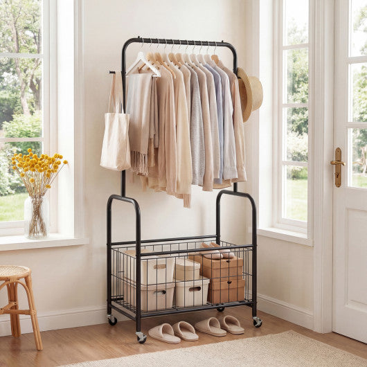Rolling Metal Clothes Rack with Hanging Rod and Storage Basket-Black