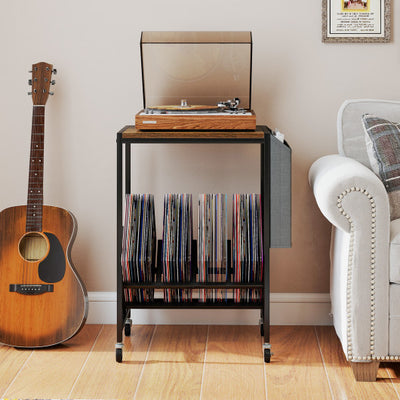 Rolling Record Player Stand 2-Tier with Vinyl Storage and Magazine Holder Bag-Rustic Brown