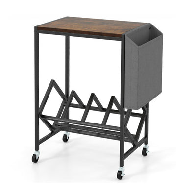 Rolling Record Player Stand 2-Tier with Vinyl Storage and Magazine Holder Bag-Rustic Brown
