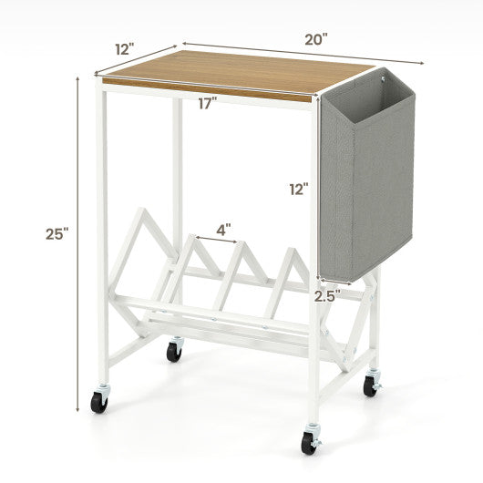 Rolling Record Player Stand 2-Tier with Vinyl Storage and Magazine Holder Bag-Natural