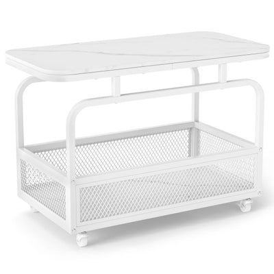 Rolling Side Table 2-Tier Narrow End Table with Mesh Storage Basket-White