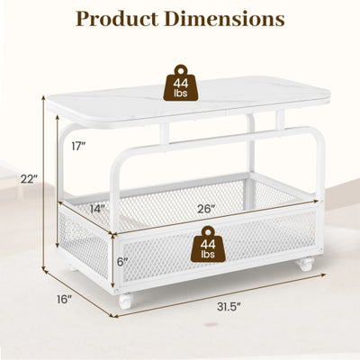 Rolling Side Table 2-Tier Narrow End Table with Mesh Storage Basket-White