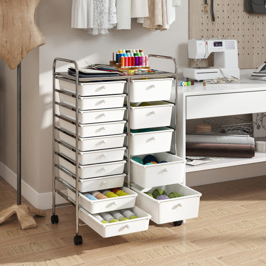 Rolling Storage Cart 15-Drawer Trolley with Chrome Plated Metal Frame-White