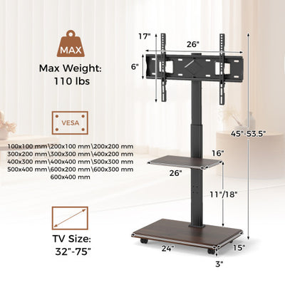 Rolling TV Stand on Wheels Mobile TV Cart for 32-75 Inch TVs Portable AV Cart-Black