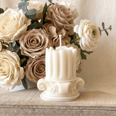 Romano Pillar Sculpture Candle – Hand-Poured Soy Wax | Ivory & Brown