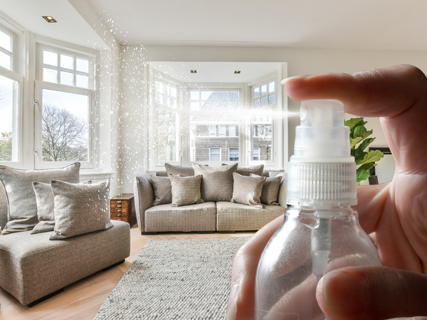 Hand holding a spray bottle in a living room with large windows.