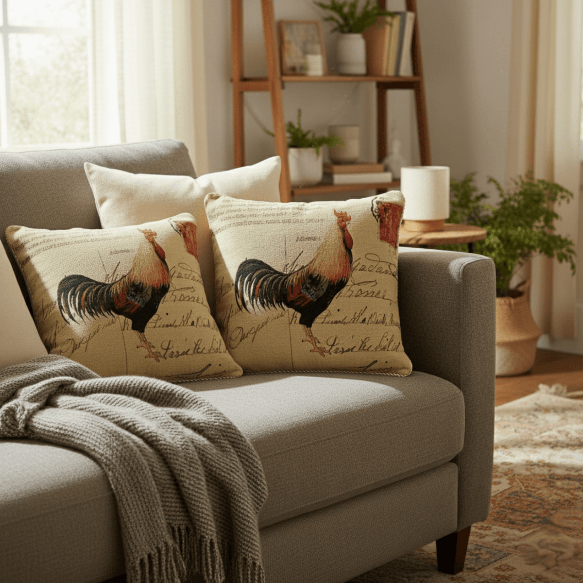 Tache Rooster Postcard European Farmhouse Cottage Vintage Tapestry Woven Throw Pillow Cover (15051)