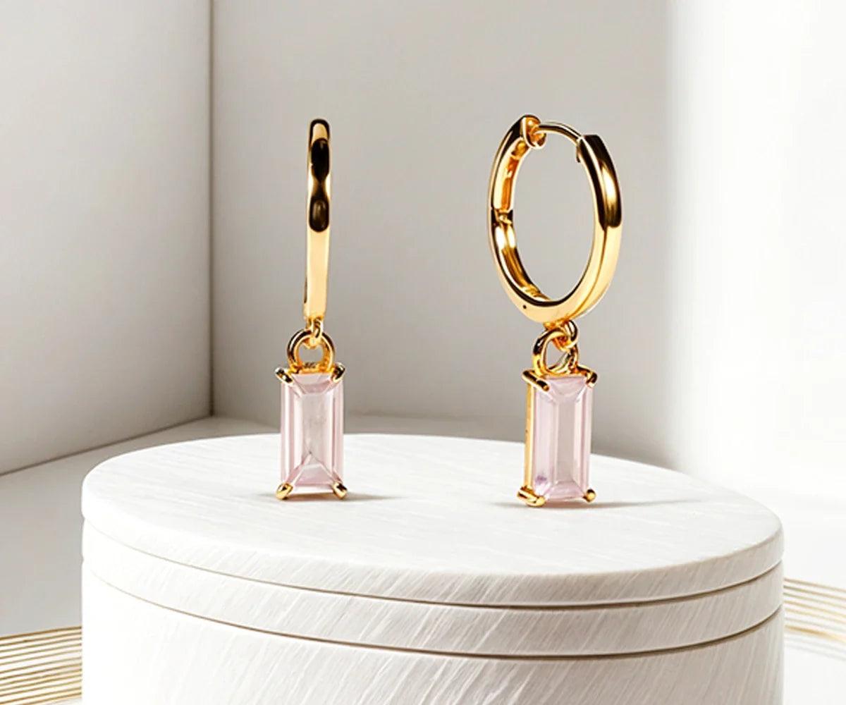 Gold Plated Huggie Earrings - Rose Quartz
