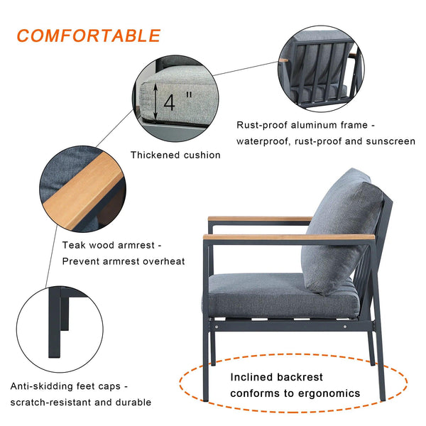 Rossio Outdoor 4pcs. Sectional Sofa,Matte Charcoal Aluminum Frame,Teak Finished - Gifts for You 'n Me