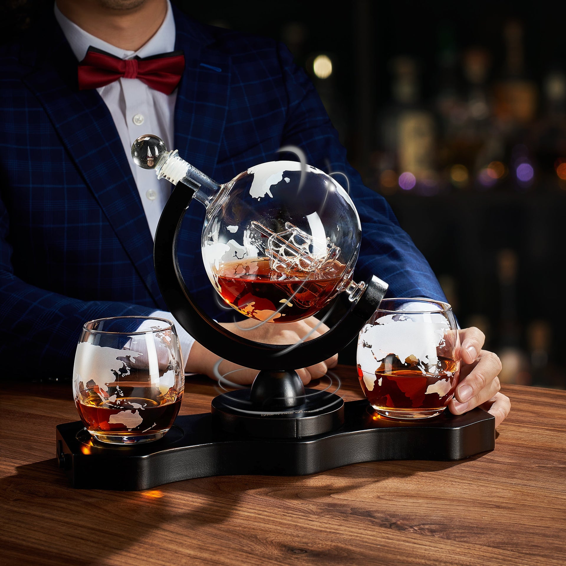 Rotating Whiskey Decanter Globe Set with 2 10OZ Etched Whiskey Glasses | 29 OZ | Moving Interactive World Globe, Gifts for Men Dad, Anniversary for Liquor Scotch Bourbon - Batteries NOT Included