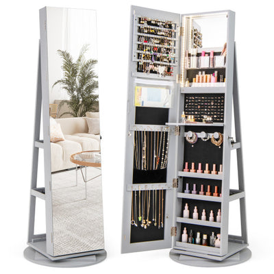 360° Rotating Mirrored Jewelry Cabinet Armoire 3 Color LED Modes Lockable-Gray