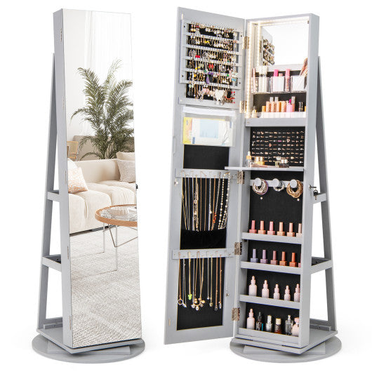 360° Rotating Mirrored Jewelry Cabinet Armoire 3 Color LED Modes Lockable-Gray