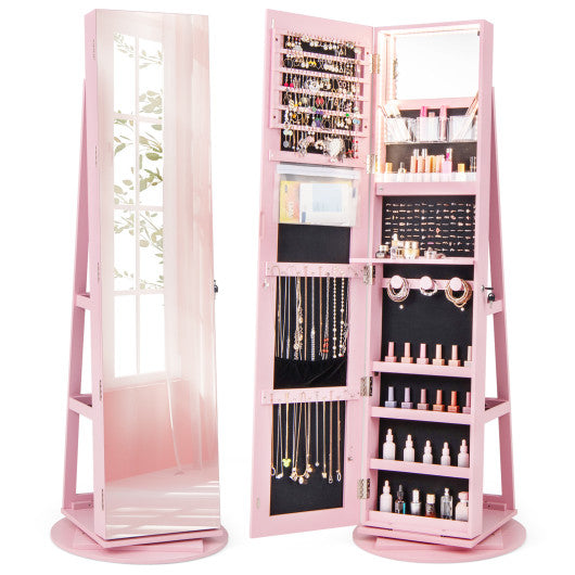 360° Rotating Mirrored Jewelry Cabinet Armoire 3 Color LED Modes Lockable-Pink