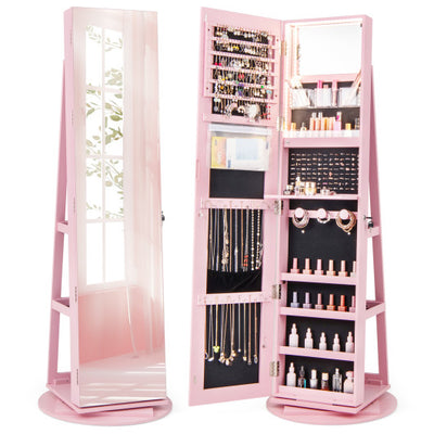 360° Rotating Mirrored Jewelry Cabinet Armoire 3 Color LED Modes Lockable-Pink