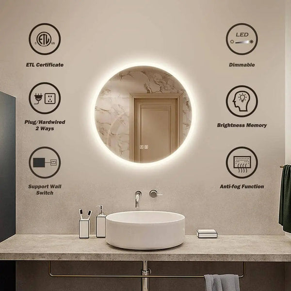 Round LED Bathroom Vanity Mirror With Dimmable Lights