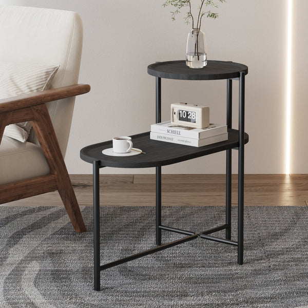 Round Coffee Table with Storage Tray 2 Tier Oval End Tables in black wood and metal frame, styled beside a sofa in a modern living room.