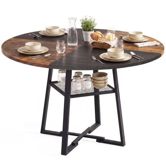 Round Dining Table for 4-6 with Storage Shelf and Metal Legs-Rustic Brown