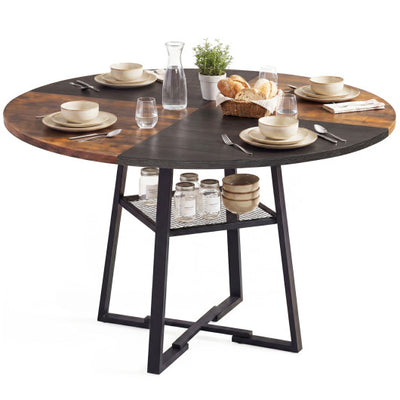 Round Dining Table for 4-6 with Storage Shelf and Metal Legs-Rustic Brown
