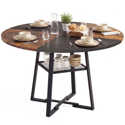 Round Dining Table for 4-6 with Storage Shelf and Metal Legs-Rustic Brown