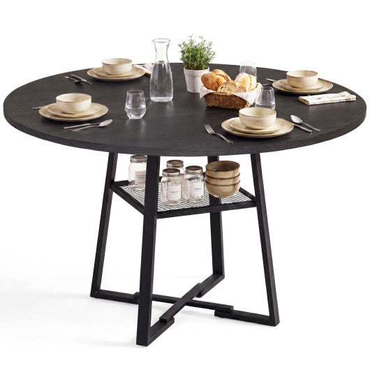 Round Dining Table for 4-6 with Storage Shelf and Metal Legs-Black