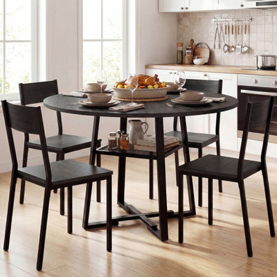 Round Dining Table for 4-6 with Storage Shelf and Metal Legs-Black