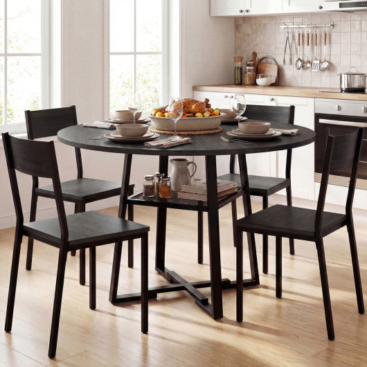 Round Dining Table for 4-6 with Storage Shelf and Metal Legs-Black
