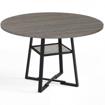 Round Dining Table for 4-6 with Storage Shelf and Metal Legs-Gray