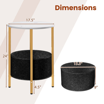 Round End Table 2-Tier Side Table with Removable Fabric Basket and Metal Frame-White