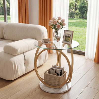 Round End Table Faux Marble Side Table with Tempered Glass Tabletop-Gold