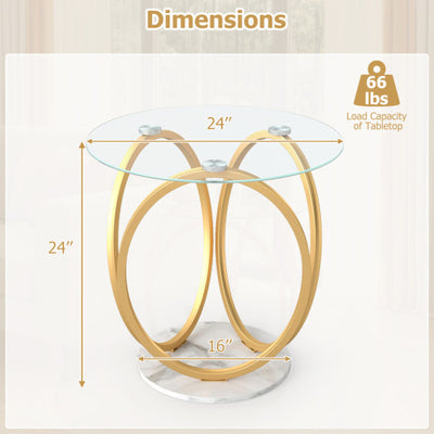 Round End Table Faux Marble Side Table with Tempered Glass Tabletop-Gold
