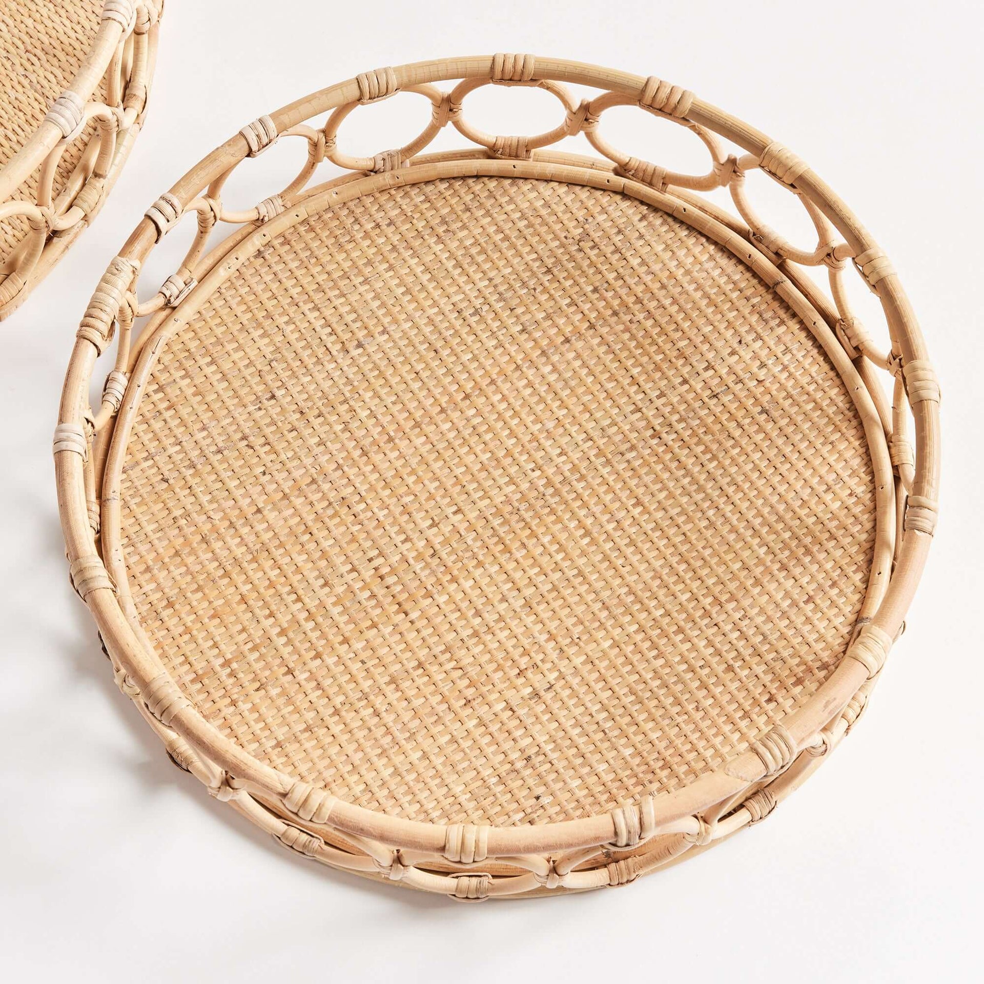 Round Handwoven Vintage Rattan Trays (Set of 2)