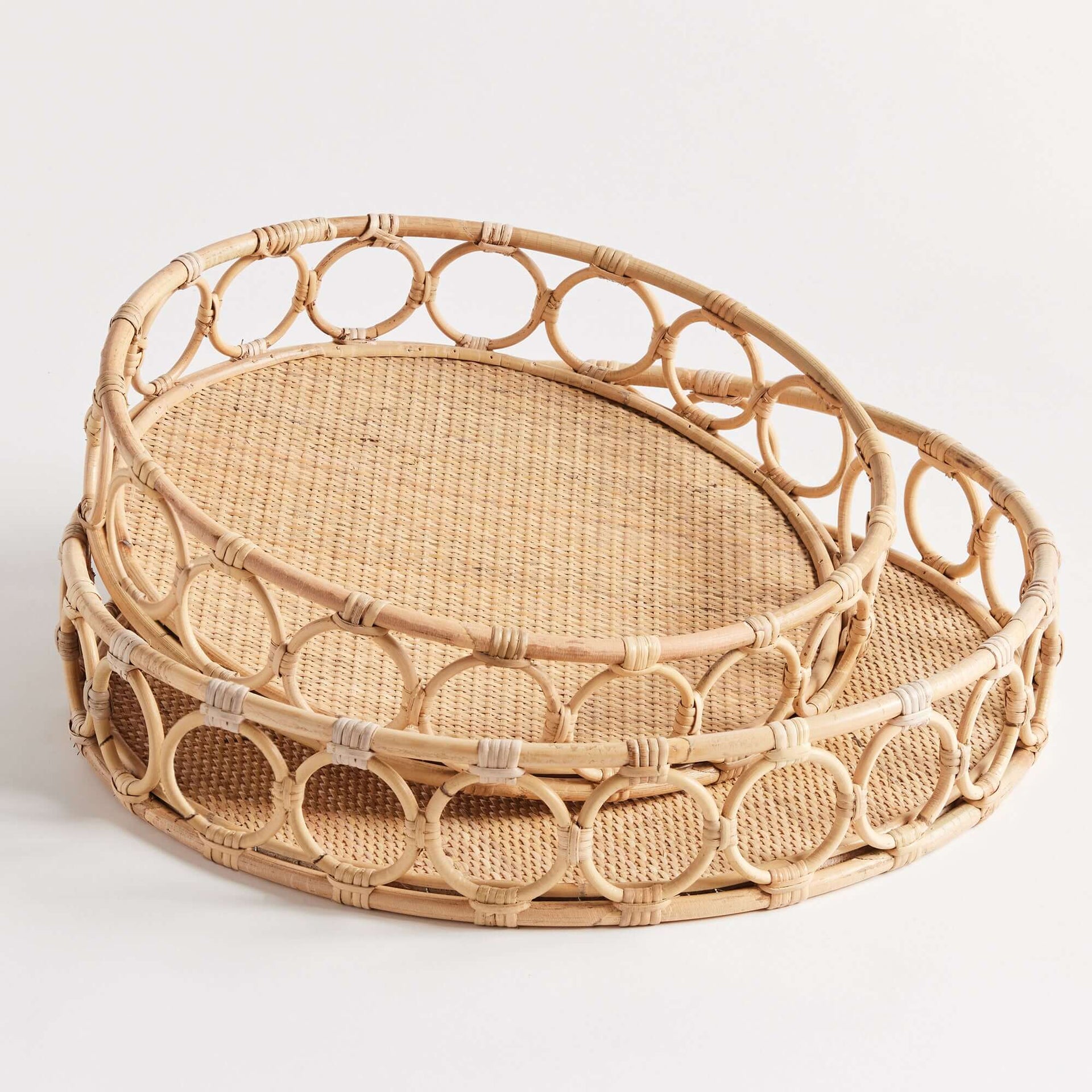 Round Handwoven Vintage Rattan Trays (Set of 2)