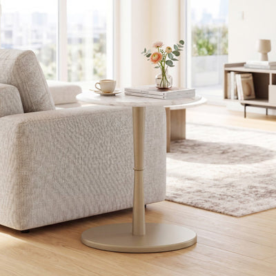 Round Marble Side Table with Stone Finish and Wooden Base for Small Spaces-White and Gold