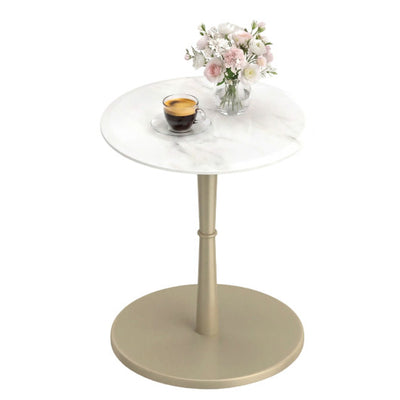 Round Marble Side Table with Stone Finish and Wooden Base for Small Spaces-White and Gold