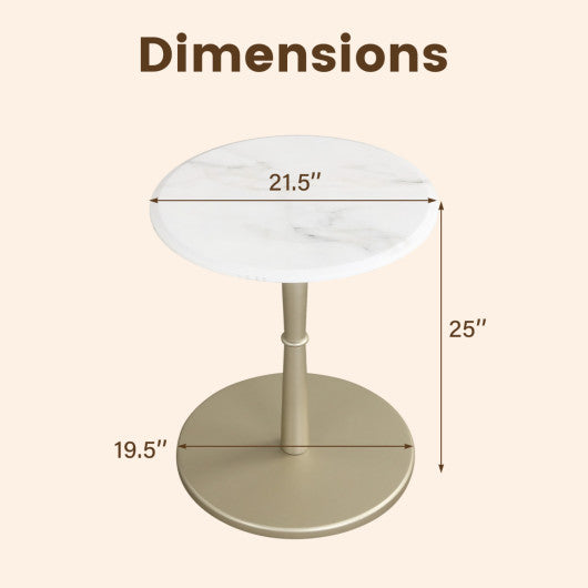 Round Marble Side Table with Stone Finish and Wooden Base for Small Spaces-White and Gold